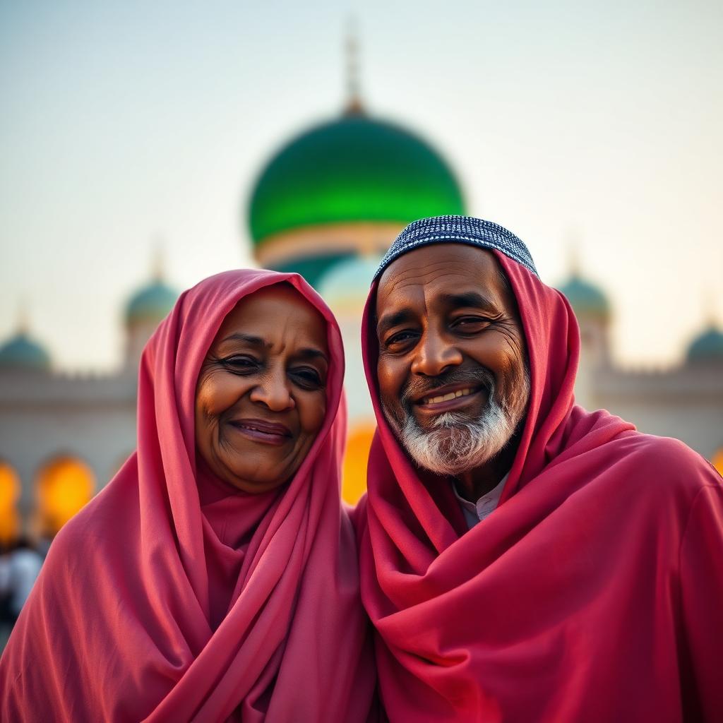 Pilgrim couple smiling outside the Prophet's Mosque after Umrah with Al Marwah